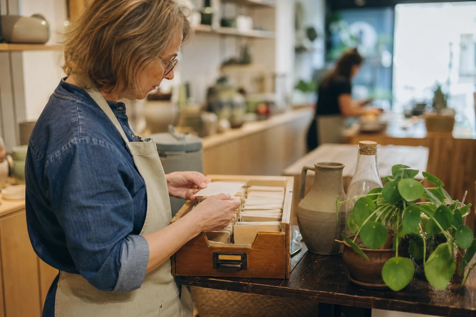 Werk in een Nederlandse winkel of werkplaats. Beeld bij het artikel: Waarmee begin je als je je papieren kaartenbak wilt overzetten naar digitale klantkaarten?